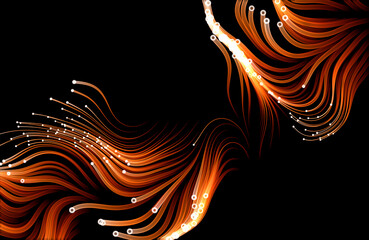 Orange flowing particles on black background. Illustration.