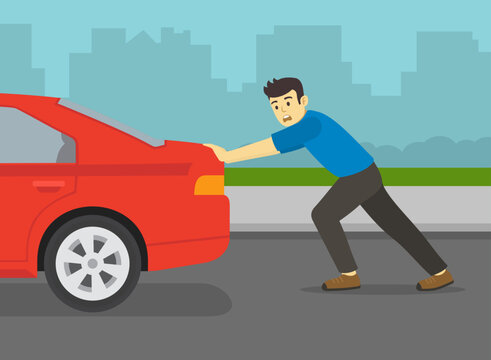 Safe driving tips and rules. Young man pushing a broken red car on a city road. Flat vector illustration template.