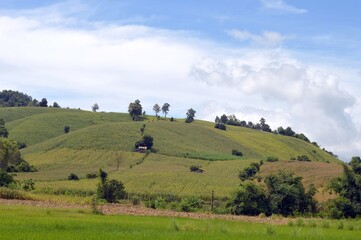 landscape with farm on the mountains and clouds
