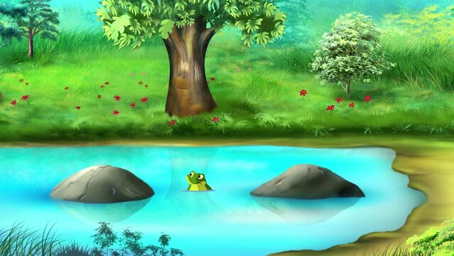 Green frog jumping in puddles 4K
