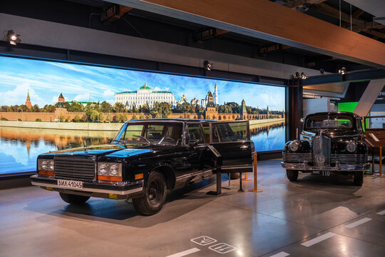 MOSCOW, RUSSIA - AUGUST 17, 2022: Two cars ZIS-110 and ZIL-41045 serving the top leadership of the Soviet Union, All-Russian Exhibition Center (VDNKh)
