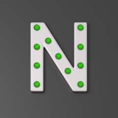 Capital letter N from silver and emeralds. Silver font with emeralds. Jewelry letters. Jewelry premium font made of silver and emerald. Black background. 3d illustration