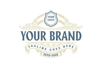 Vintage Retro Ornament Border Frame Royal Badge Emblem Stamp Label with Ribbon Logo Design Vector