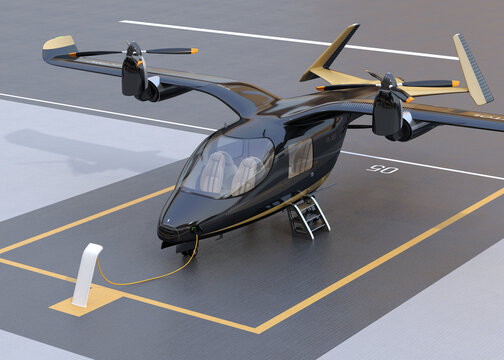 Black Electric VTOL passenger aircraft charging on the station. Airport background. 3D rendering image.