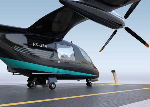 Black Electric VTOL passenger aircrafts charging on the station. Airport background. 3D rendering image.