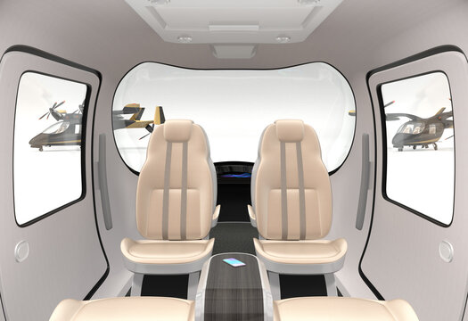 Interior of Electric VTOL passenger aircraft wiht recling seat and autopilot function. 3D rendering image.