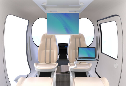 Interior of Electric VTOL passenger aircraft wiht reclining chair and autopilot function. 3D rendering image.