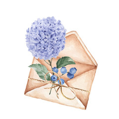 Watercolor envelope with hydrangea flower