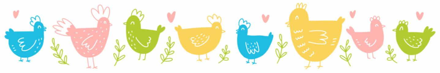 A hand-drawn set of cute chickens. Vector illustration of poultry drawn in the style of doodles. © Abundzu