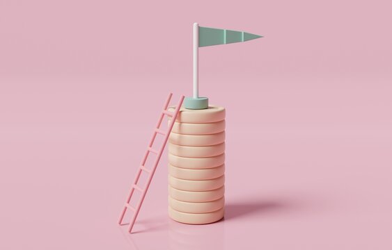 Ladder leaning on coin stack with flag on top, setting financial goal, planning to collect wealth from investment concept, 3d render illustration.