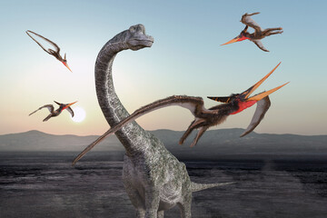恐竜のブラキオサウルスの周りを翼竜のプテラノドンが飛び交う