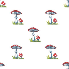 Fly-agaric seamless pattern on white background. Autumn forest illustration.