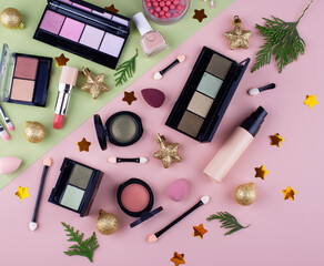Fototapeta premium Christmas decorative make up cosmetics.