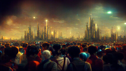 Fototapeta na wymiar Futuristic city in crowds of people on planet background