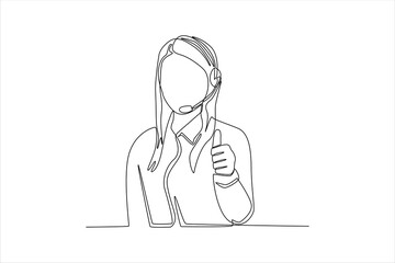 Single one line drawing happy customer support phone operator in headset showing thumbs up gesture. Customer service concept. Continuous line draw design graphic vector illustration.