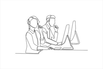 Single one line drawing team of customer service executive calling with customer about product complaint. Customer service concept. Continuous line draw design graphic vector illustration.