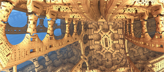 Alien construction and structures, abstract fantastic shapes of ancient civilization architecture