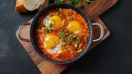 Shakshouka, eggs poached in sauce of tomatoes, olive oil, peppers, onion and garlic, Mediterranean cuisine