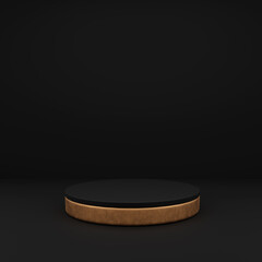 Wooden and black 3d rendering stage podium display for product presentation with black background