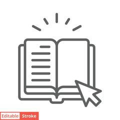 Online library icon. Simple outline style. Open book with cursor, digital course, e-learning, internet education concept. Line vector illustration isolated on white background. Editable stroke EPS 10.