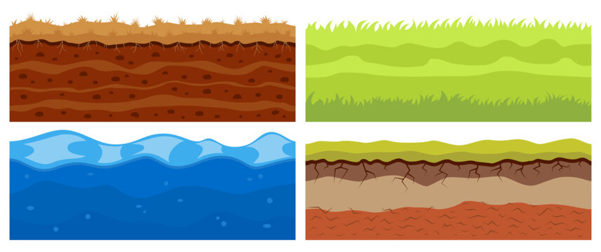 Ground sand, soil, water and grass layers. Desert game surface, type of nature dune gravel landscape, different pieces. Geology underground lands collection. Vector texturebackgrounds