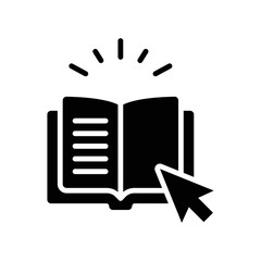 Online library icon. Simple solid style. Open book with cursor, digital course, e-learning, internet education concept. Glyph vector illustration isolated on white background. EPS 10.