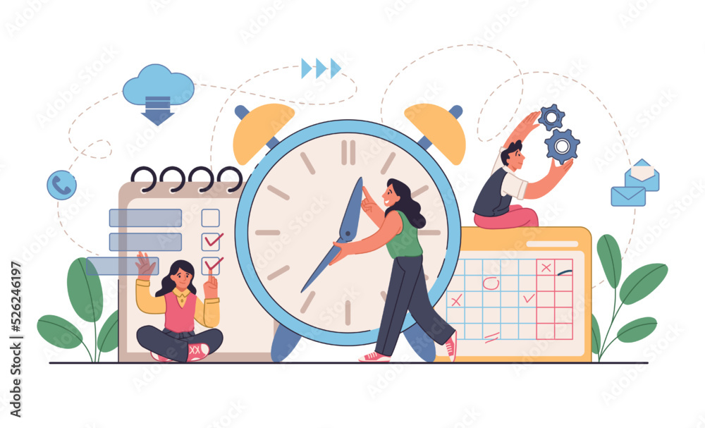 Poster Work schedule. Efficient time management banner. Alarm clock and month calendar. Slide for advertising. People planning business tasks. Deadline or agenda. Vector illustration concept