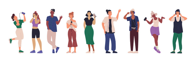 People listen to music in phone. Happy teenage persons dance with smartphone and headset. Girl and man holding devices. Standing young characters enjoy songs. Vector illustration set