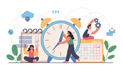 Work schedule. Efficient time management banner. Alarm clock and month calendar. Slide for advertising. People planning business tasks. Deadline or agenda. Vector illustration concept