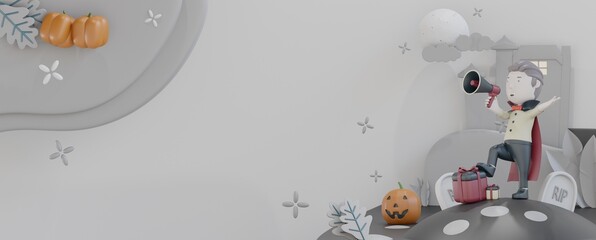 3d halloween banner sale with cute dracula 3d render