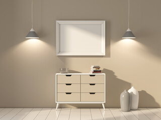 Horizontal white poster Frame Mockup hanging above moderrn bureau on beige wall, 3d rendering