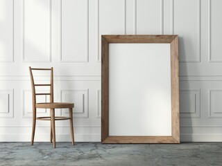 Wooden vertical Frame Mockup standing on the floor near wooden chair in room, 3d rendering