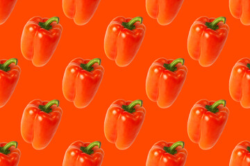 Pattern of fresh bell red peppers on an orange background