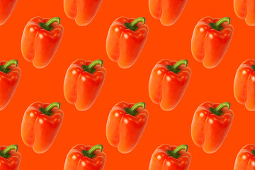 Pattern of fresh bell red peppers on an orange background