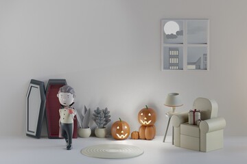 3d halloween background with cute dracula drinking blood 3d render