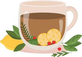 Cup of black tea decorated with lemon, berries, leaves. Herbal tea. Hot autumn drink in transparent cup. Card, poster, invitation. Vector illustration in flan style.