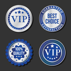 VIP, best choice , premium quality labels design set. Emblems, badges in blue and metal colors with stars, stars for prestige, exclusive products, services. Vector vip labels eps 10. 