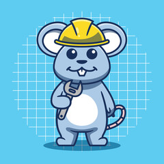 Cute mouse wearing construction hat and holding wrench vector illustration.
