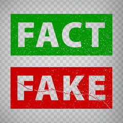 Fact and Fake grunge rubber stamp isolated on transparent  background.  True or fiction with check mark and cross.  Green Fact and Red Fake stamps.  EPS10.  