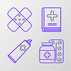 Obraz premium Set line Medicine bottle and pills, Ointment cream tube medicine, Medical book and Crossed bandage plaster icon. Vector