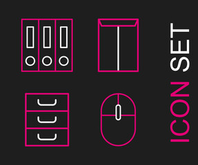 Set line Computer mouse, Drawer with documents, Envelope and Office folders papers and icon. Vector