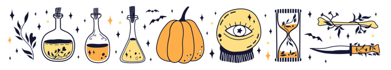 Witchcraft and Magic Illustrations. Set of magic items: love potion, sand clock, magic ball, pumpkin, knife, and bone. Halloween wizardry.