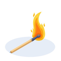 isometric vector illustration on a white background, a burning match lies on the ground, a fire hazard situation, precautions in handling fire © dimon_ua