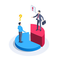 isometric vector illustration isolated on white background, men in business clothes on a pie chart, question and exclamation mark, achievement of success or productivity level