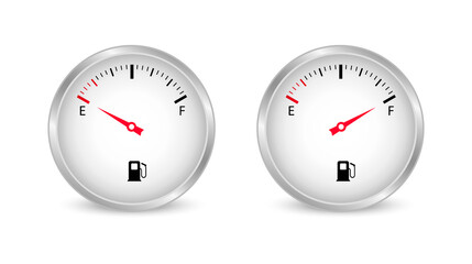 Fuel gauge. Full and empty tank of fuel. Fuel indicators. Car dashboard. Vector illustration.