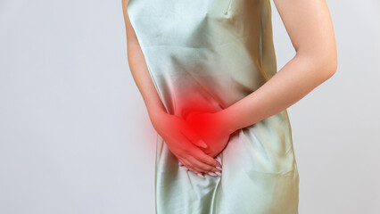 Menstrual pain, woman with stomachache suffering from pms , endometriosis, cystitis and other...