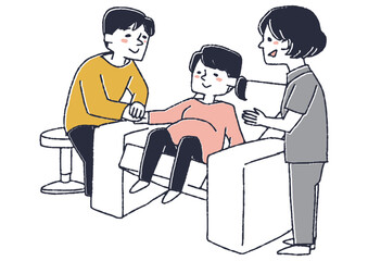 出産の際の説明を受ける夫婦　出産の準備をする女性達