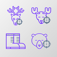 Set line Hunt on bear with crosshairs, Hunter boots, moose and deer icon. Vector