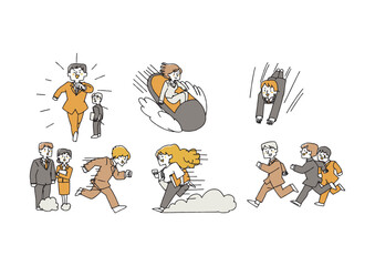 早いスピードで進んでいくビジネスマン達　コミカルな手書きの人物　ベクター、温かみのある線画