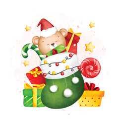 Watercolor Illustration Cute teddy bear in Christmas socks with Christmas gifts and candy